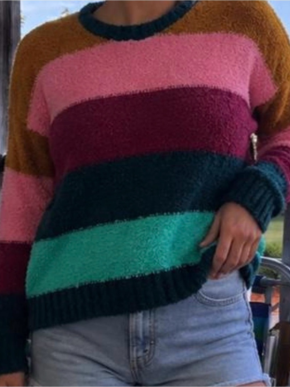 Billabong Striped Crewneck Sweater in Pink, Teal, Burgundy
